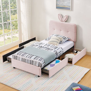 Upholstered Bed With Oversized Rabbit Ear Headboard, LED Lights & 4 Storage Drawers