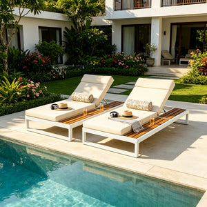 White Iron & Teak Finish Chaise Lounge Set: 1 Frame + 1 4-Fold