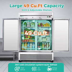 54" Commercial Refrigerator 49 Cu.Ft Stainless Steel 2 Door Reach-In Fridge