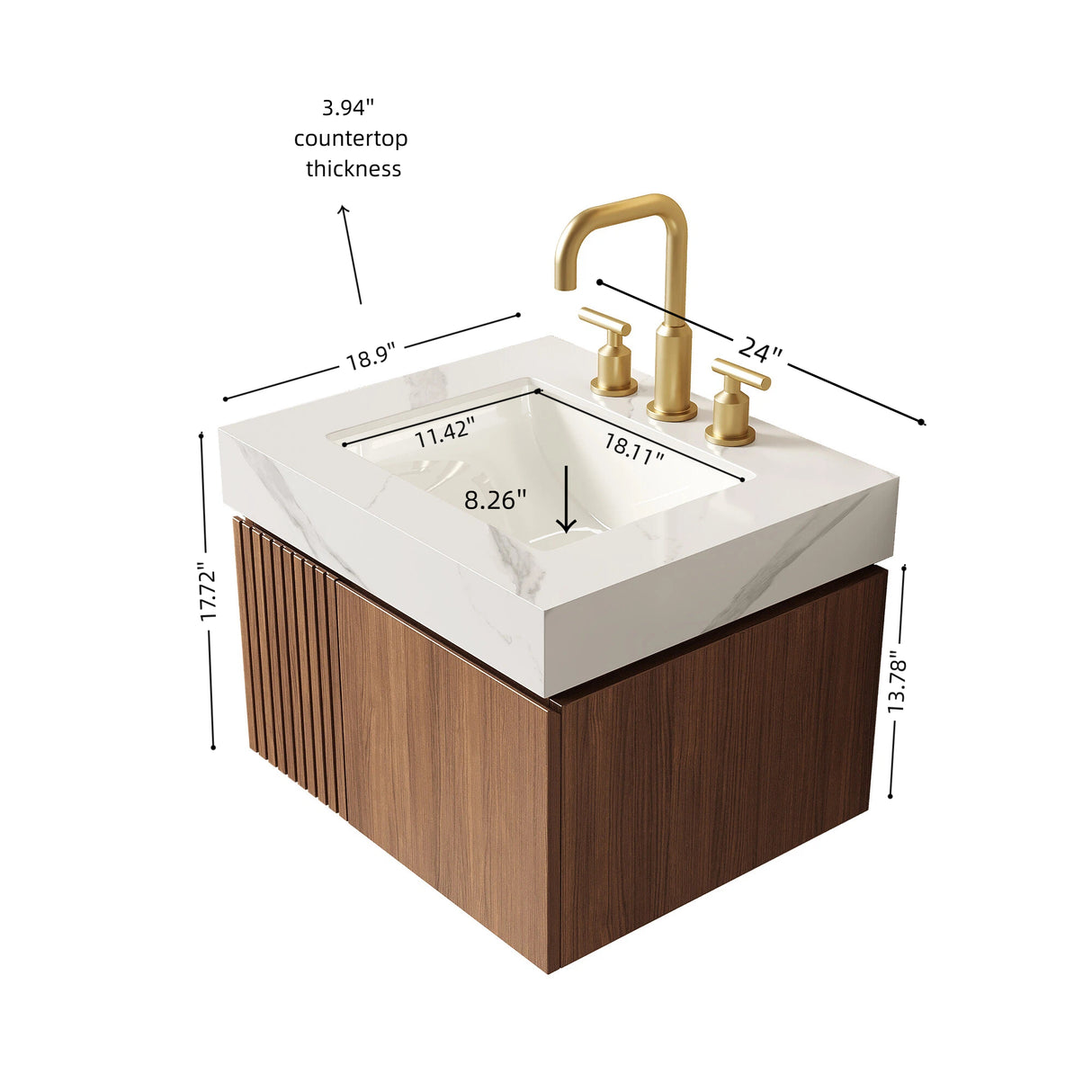 MURI 24" Bathroom Vanity & Sink, Floating Plywood Storage Cabinet with 2 Doors, Carrara