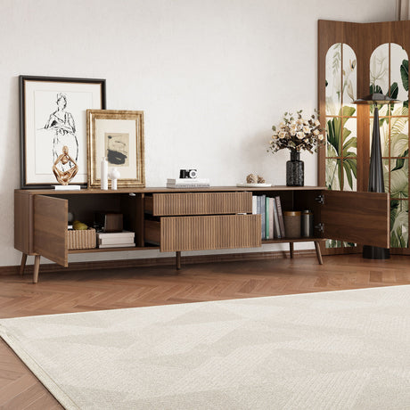 Fluted TV Stand With Storage Drawers And Cabinets For TVs Up To 80", Soft-Close Hinges, Cable Management - Walnut