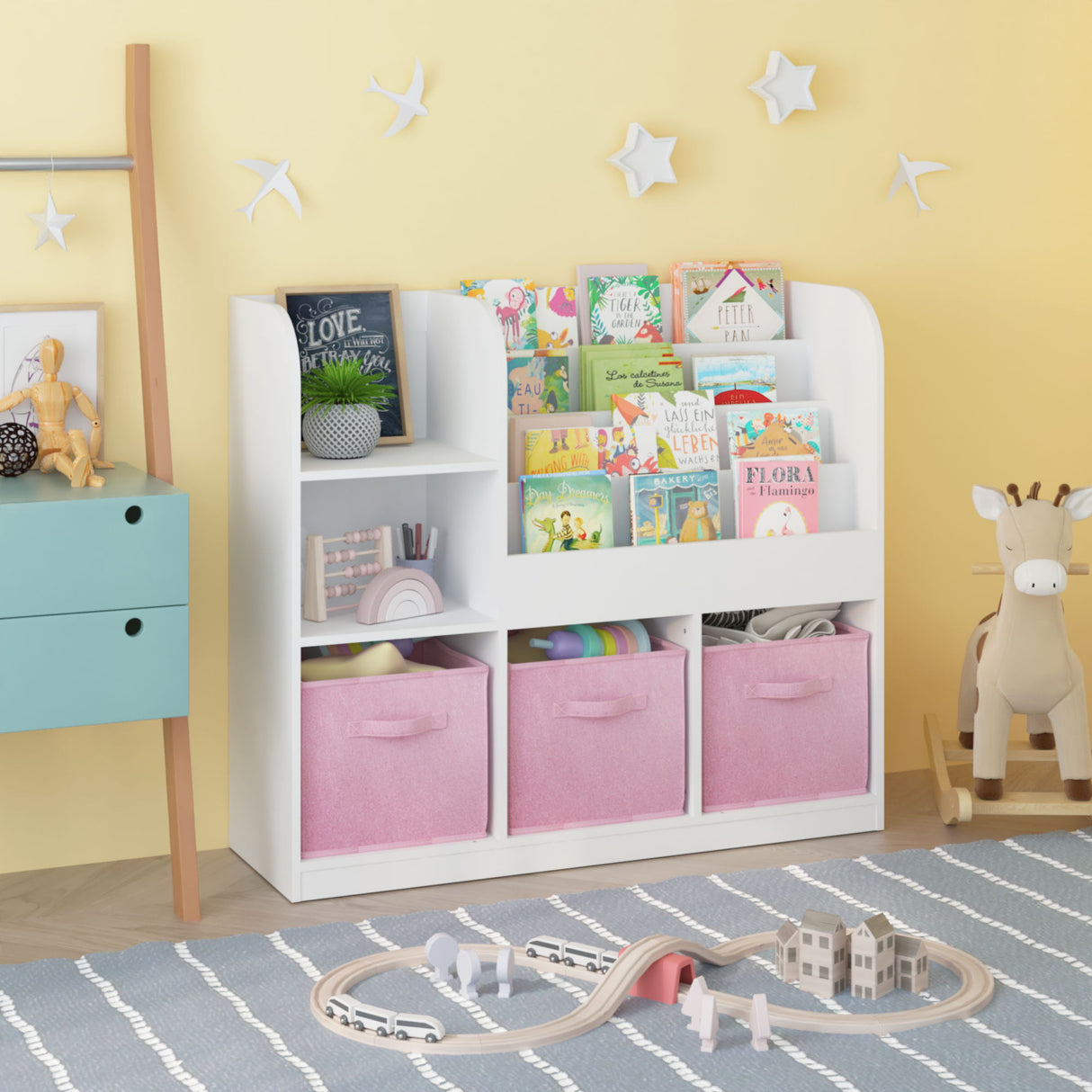 Bookcase And Bookshelf With 3 Collapsible Drawers, Multifunctional Display Stand