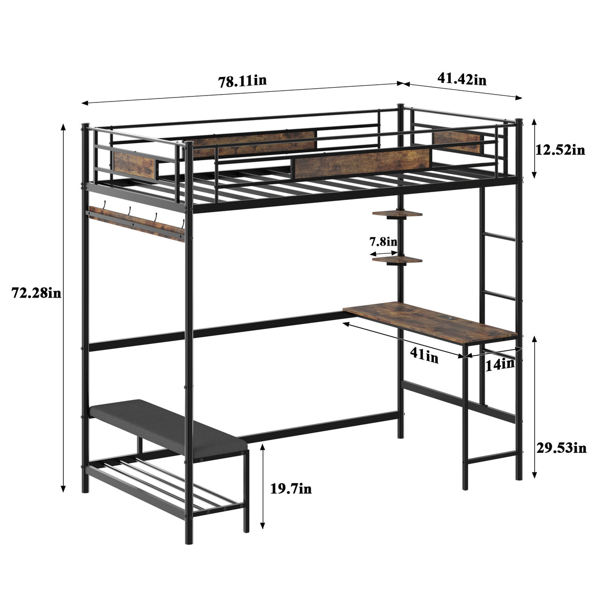 Twin Size Loft Bed Frame with Storage