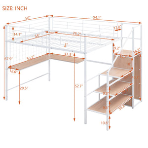 Loft Bed With Desk And Grid, Stylish Frame With Lateral Storage Ladder And Wardrobe