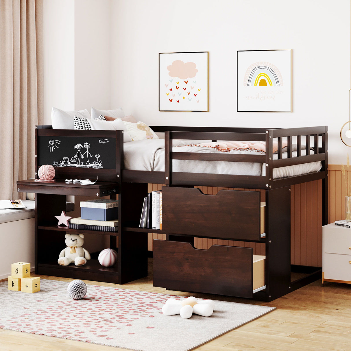 Low Loft Bed With Rolling Desk, Shelf And Drawers
