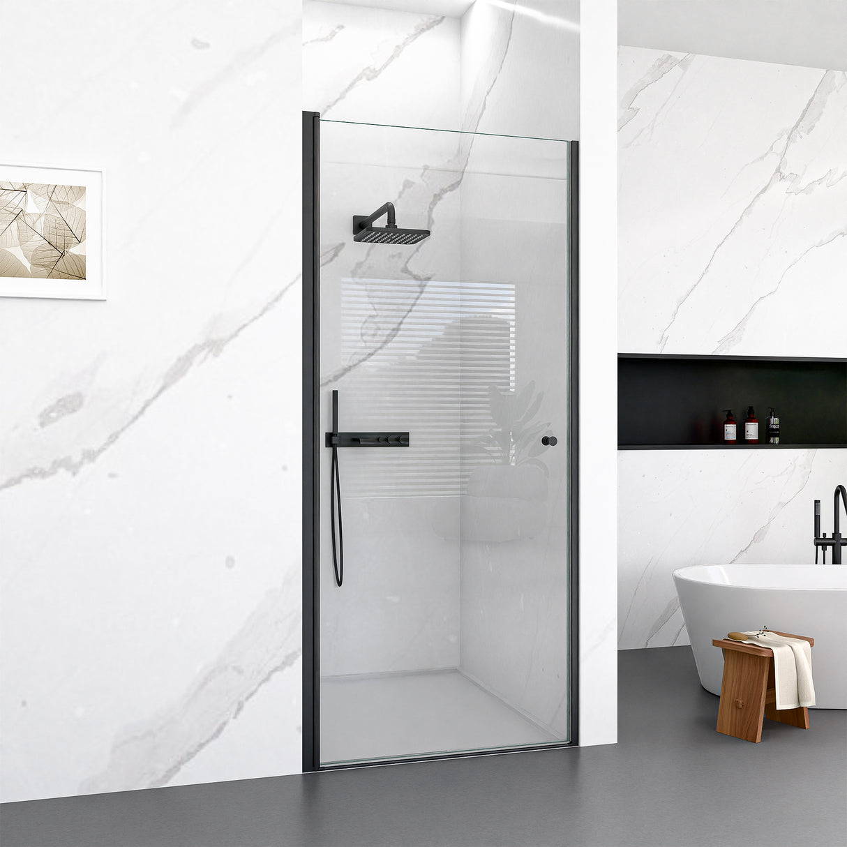 32"W x 72"H Frameless Circular Pivot Shower Door in Matte Black
