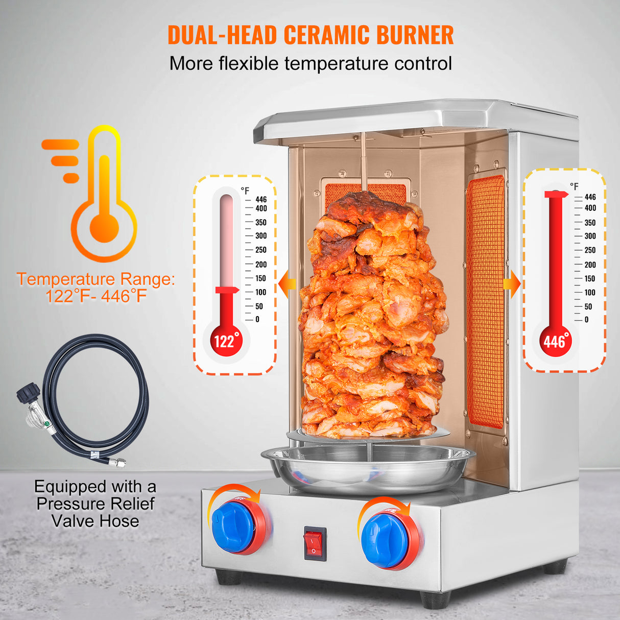 Shawarma Grill Machine, 13 lbs Capacity, 2 Burners Gas Vertical Broiler