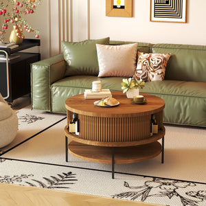 Flip-Top Round Coffee Table With Storage - Brown