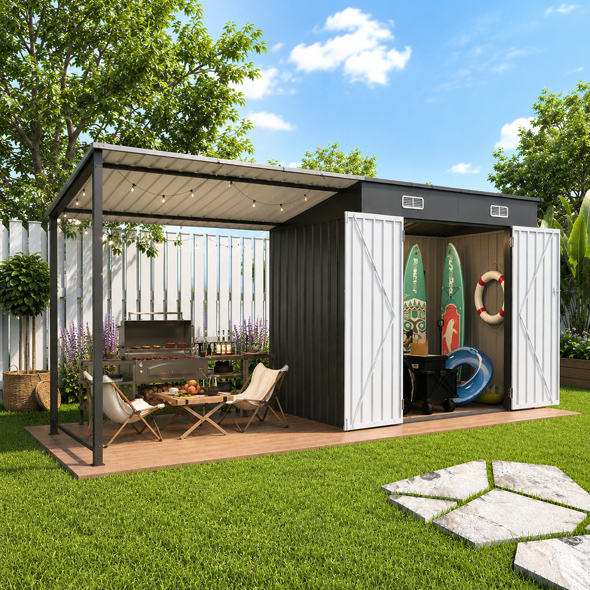 12x4 FT Metal Lean-To Shed with Pergola & Hardtop Gazebo Combo