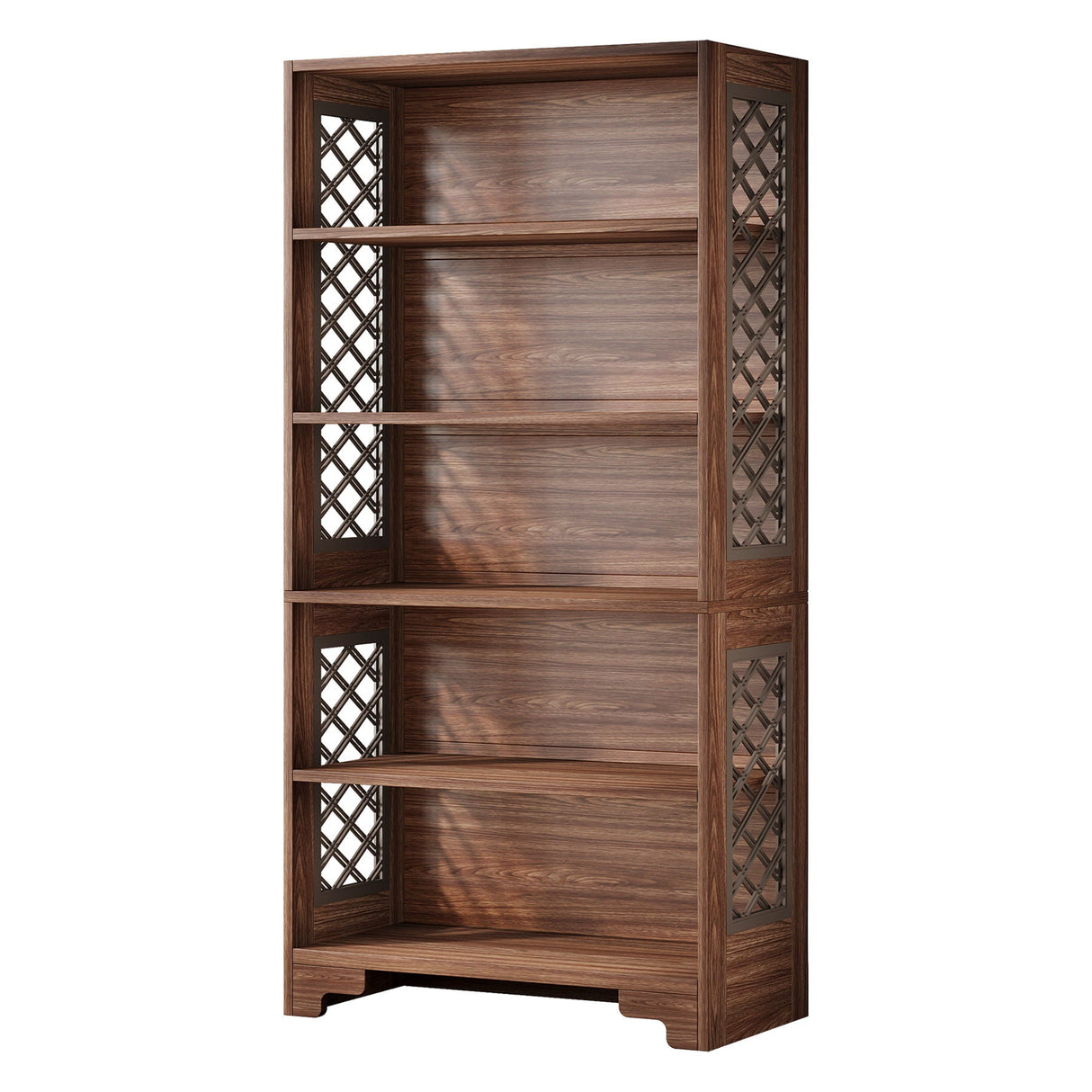 6 Tier Brown Mid Century Bookcase With X Design for Living Room
