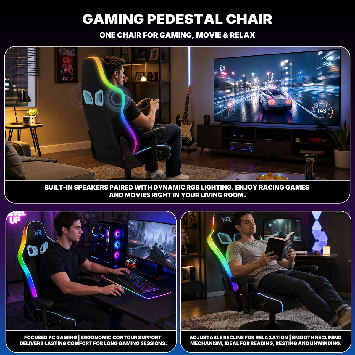 NoxRoc Pedestal Gaming Chair with Built-In Speakers and RGB Lights, Black