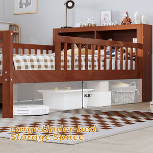 Bed With Headboard Storage Rack, 2 Under Bed Drawers, 3 Side Guardrails For Safety