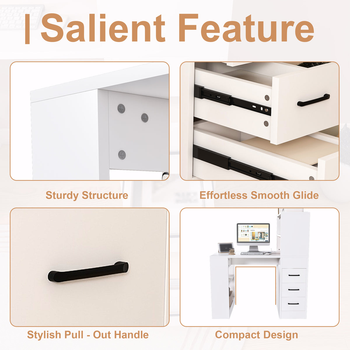 White Computer Desk with 4-in-1 Socket and Storage Options