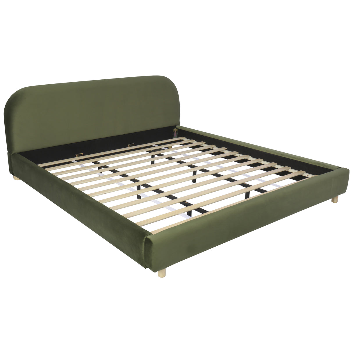 California King Size Upholstered Bed Frame With Velvet Fabric And Curve Design Thick Headboard, Solid Wood Legs, Olive