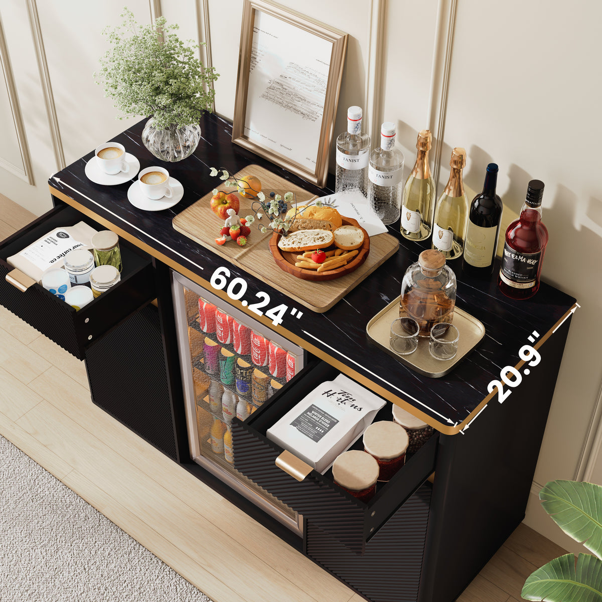 60-Inch Buffet Sideboard with Faux Marble Top, Fluted Cabinet, Mini Fridge Nook, Black