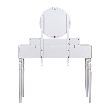 Luxury Vanity Desk With Round Mirror Height Adjustable Dressing Table Set Engineered Wood - Silver