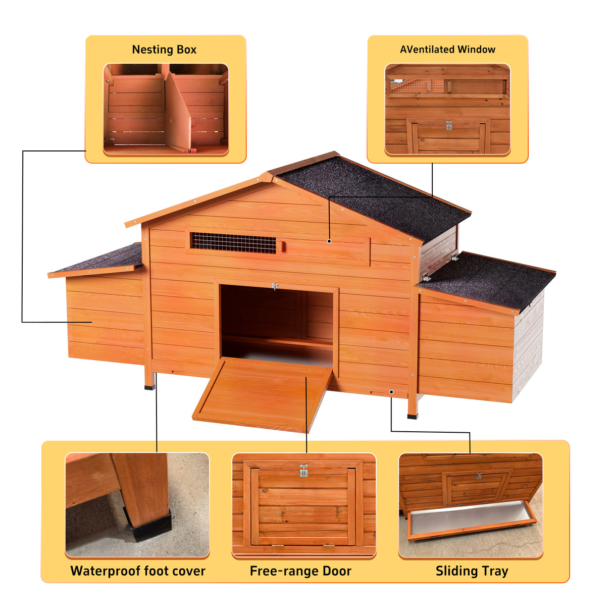 Large Wooden Chicken Coop with Nesting Box and Ventilated Hen House