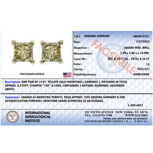 IGI Certified 14K Yellow Gold 1/4 Cttw Princess-Cut Diamond Solitaire Stud Earrings