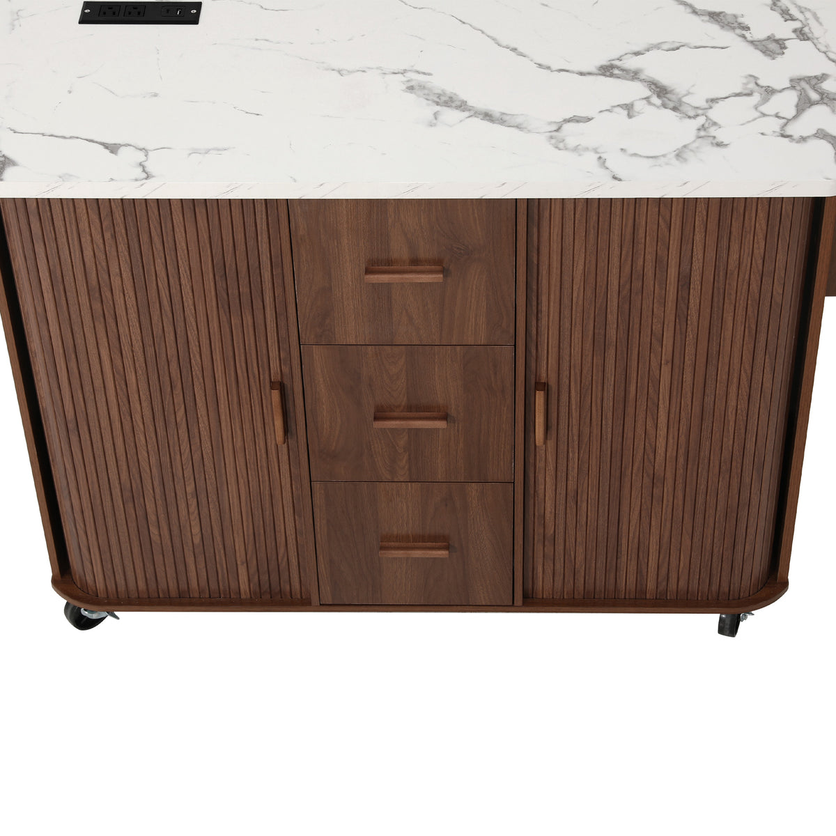 K&K 53.5" Kitchen Island with Sliding Doors, Drop Leaf, Power Outlet, Walnut Brown