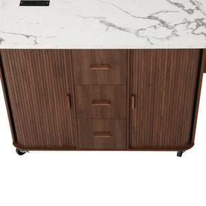 K&K 53.5" Kitchen Island with Sliding Doors, Drop Leaf, Power Outlet, Walnut Brown