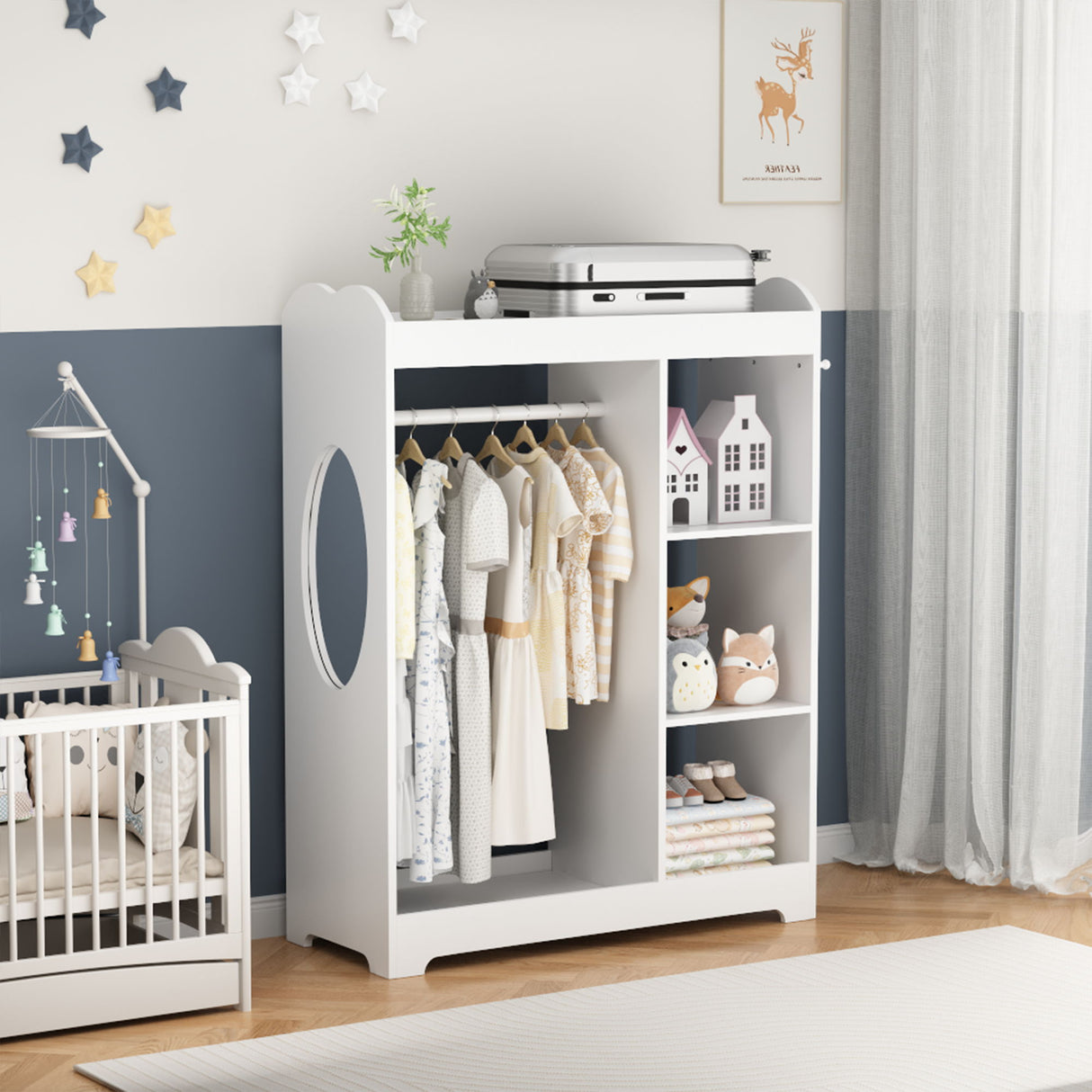 Dress Up Storage With Mirror And Hooks, Clothes Rack With Hanging Rod, 3 Side Hooks, Open Shelves, Top Shelf Organizer - White