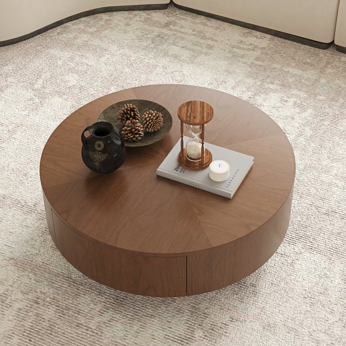 35.43 Inch Drum Shaped Round Coffee Table