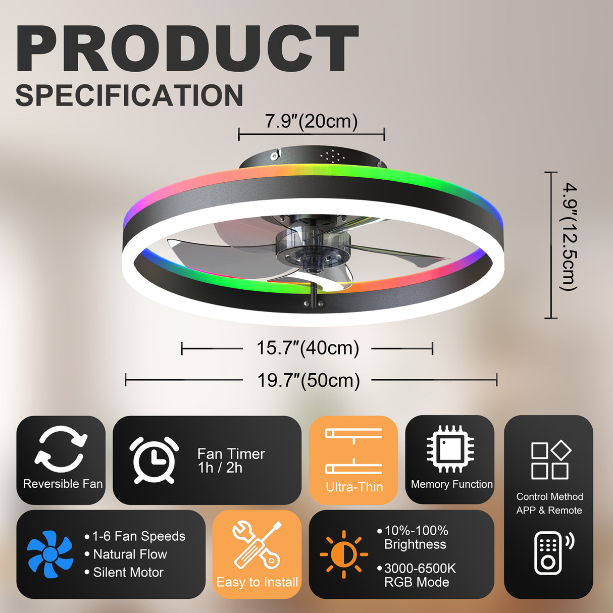 19.7" RGB Flush Mount Ceiling Fan with Light for Bedroom