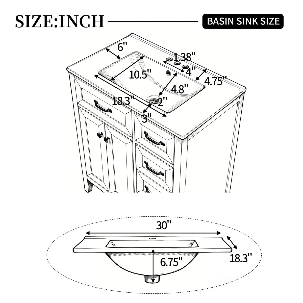 30" White Bathroom Vanity with Ceramic Sink