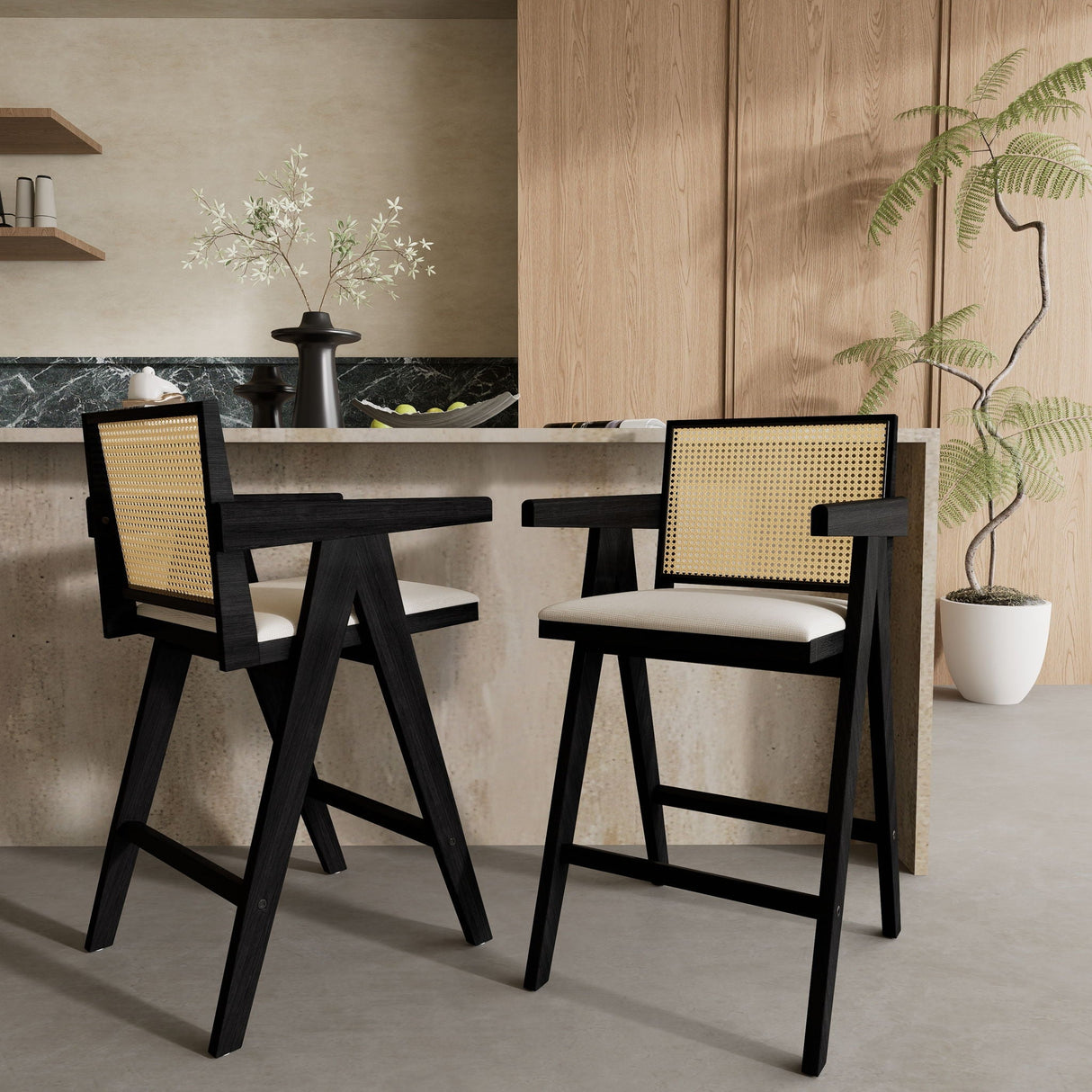 Woven Cane Plastic Backrest Bar Stool Foam Padded Fabric Seat & Durable Rubberwood Frame - Cream Gray - Best Buy Furniture