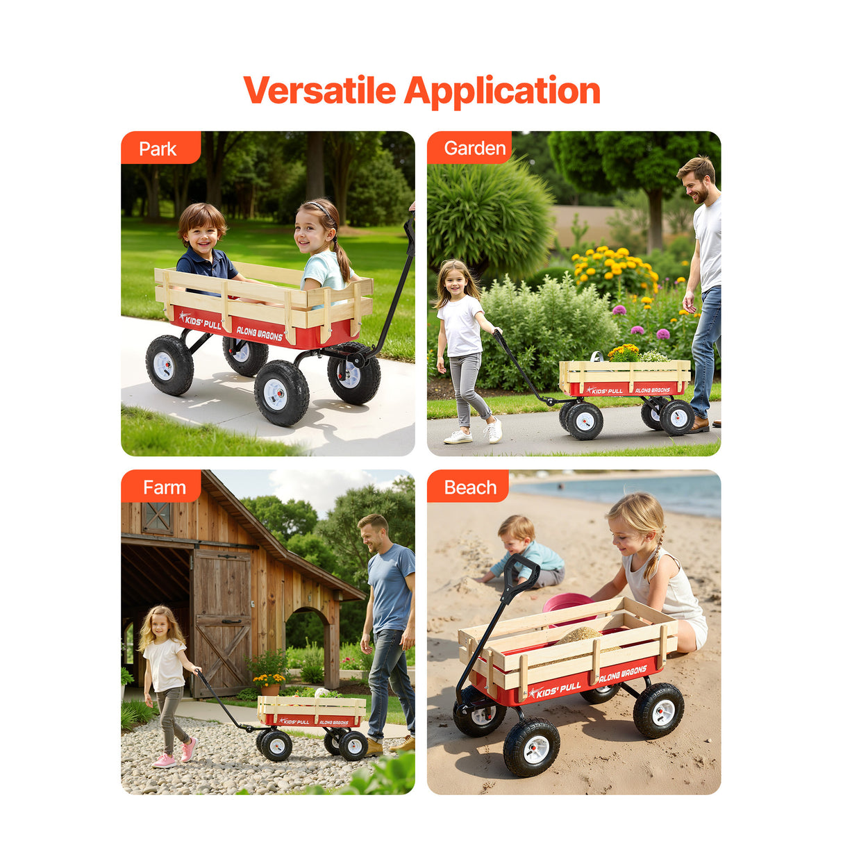 Pull-Along Wagon for Kids, 39 Inch Toddler Wagon with Wooden Panels & Handle