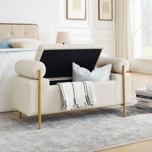 Elegant Upholstered Storage Bench With Cylindrical Arms And Iron Legs,