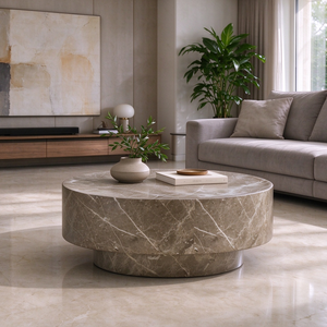 Travertine-Look Round Coffee Table, 31.5-Inch, Brown