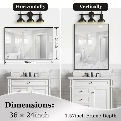 Glossy Framed Mirror For Bathroom Rectangular Wall Bathroom Mirror Metal Frame Farmhouse Mirror Large Decorative Square Corner Rectangle Mirror (Horizontal & Vertical) - Brushed Silver