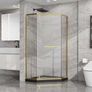 Goodyo - Neo-Angle Frameless Shower Door Corner Enclosure With Acrylic Shower Base Combo, Pivot Shower Door