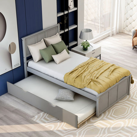 Platform Bed With Twin Trundle And Frame, Twin Size - Gray