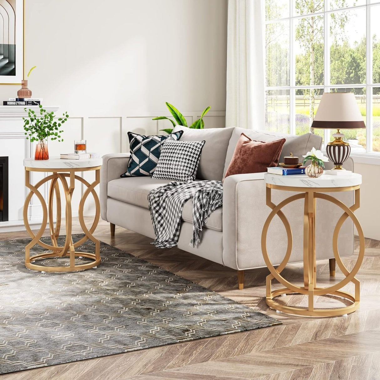 Round End Table With O-Shaped Base - White / Gold