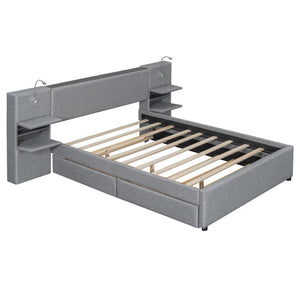 Upholstered Platform Bed With Reading Lights, Drawers, Trundle And Shelves