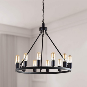 24.2" Wagon Wheel Chandelier, 12-Light, Black Metal
