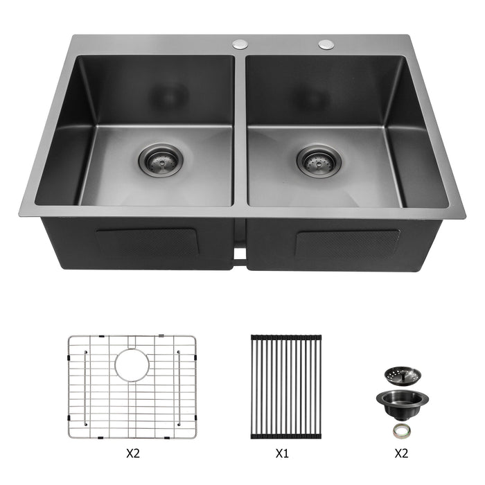 Double Bowl Drop In Kitchen Sink with 16 Gauge Stainless Steel - Gunmetal Black