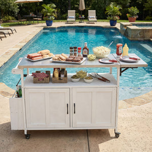 Foldable Outdoor Kitchen Island With Lockable Wheels, Storage Cabinet And Towel Rack For Patio