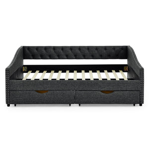 Upholstered Tufted Daybed With 2 Drawers, Waved Arms