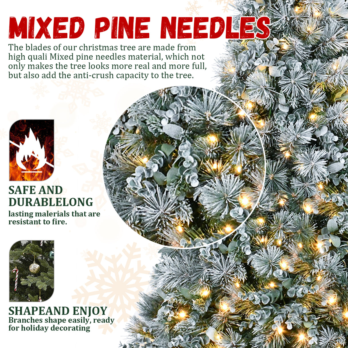 4FT Prelit Flocked Christmas Tree With Pine Needles & Eucalyptus Leaves