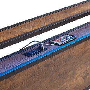 Modern Metal Platform Bed Frame With Wooden Headboard And Footboard, USB Charging Station, LED Lights, 2 Drawers