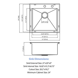 21" Drop In Kitchen Sink With Pull Out Faucet And Sink Cover, 16 Gauge - Brushed Nickel