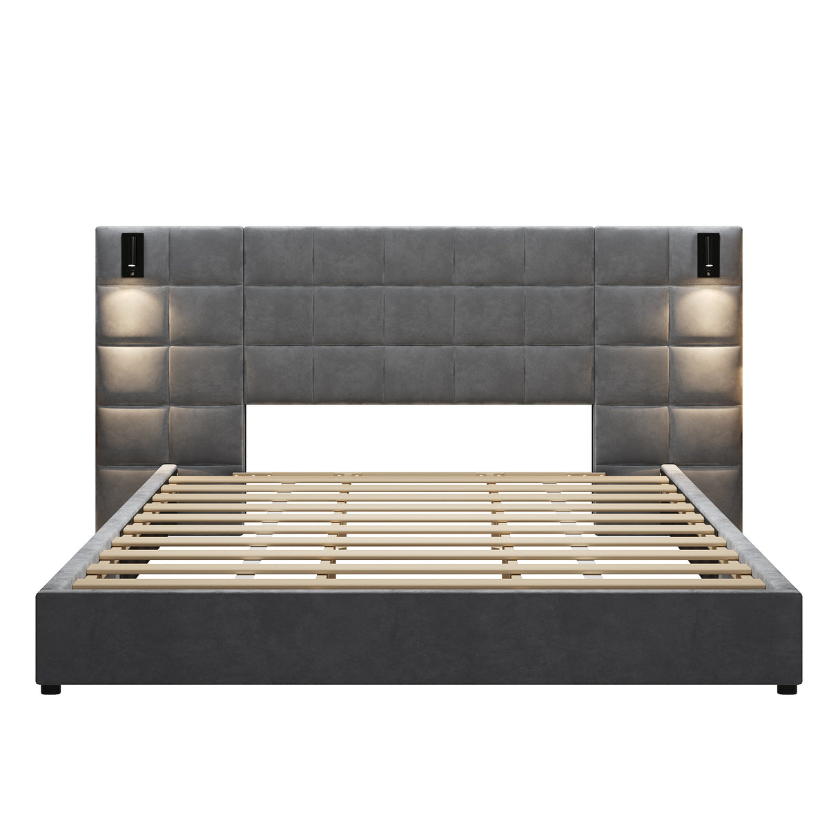 King Size Upholstered Bed Frame with Wall Sconce and USB Port