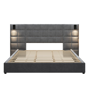 King Size Upholstered Bed Frame with Wall Sconce and USB Port