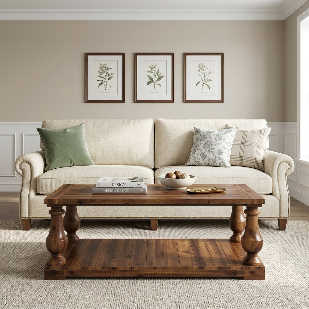 Farmhouse Coffee Table with Storage Shelf, Solid Pine Wood Turned Legs, Walnut