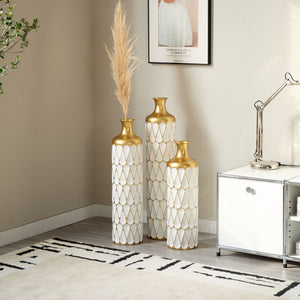 Floor Metal Vase Modern Style Decoration Home Droplet Shaped Metal Vase 3 Piece Set Gorgeous Home Decoration Large Glazed Metal Vase - Gold / White