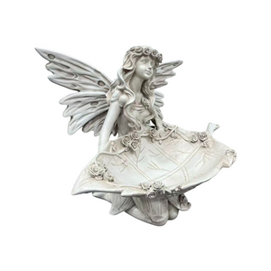 12.80" High Garden Fairy Figurine, 14.37" Wide Resin Angel Statue with Leaf Tray, Multi-Functional Bird Feeder & Decorative Tray for Outdoor & Indoor Use