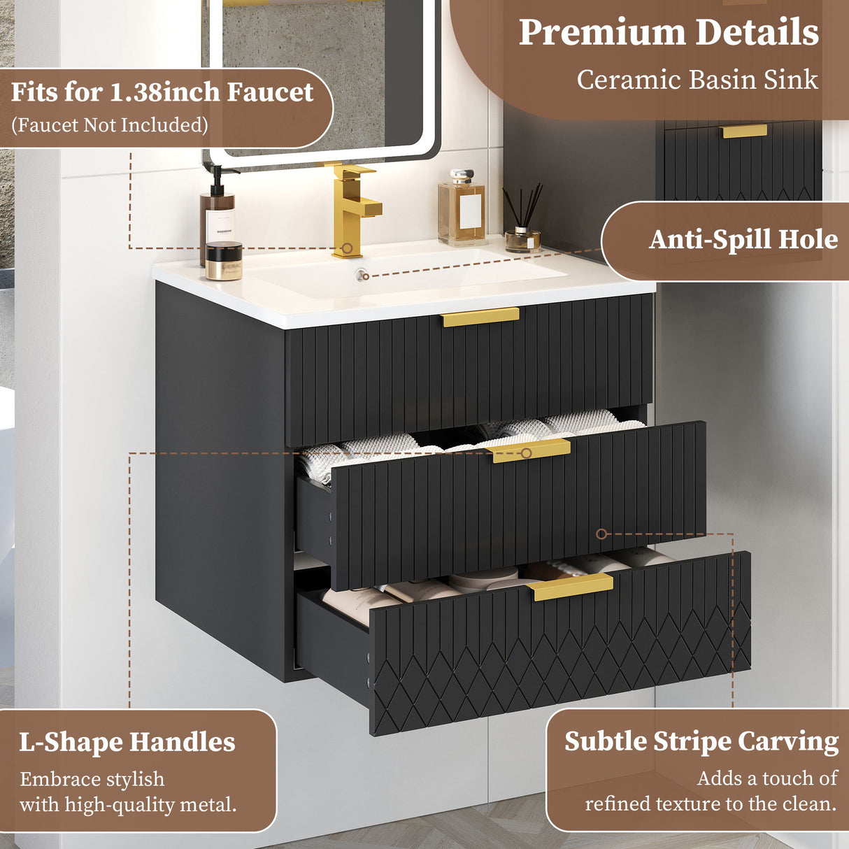 Wall Mounted Floating Cabinet With Double Drawer, Rectangular Sink